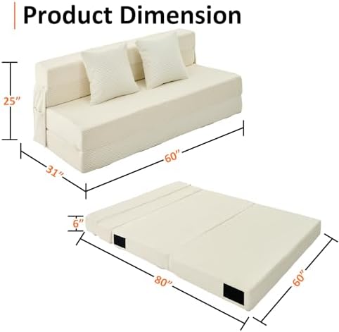 JKMAX Queen Size Folding Sofa Bed - 4 in 1 Convertible Sleeper Chair with Two Pillows - High Density Memory Foam Futon Couch - Foldable Bed for Living Room Bedroom (Beige)