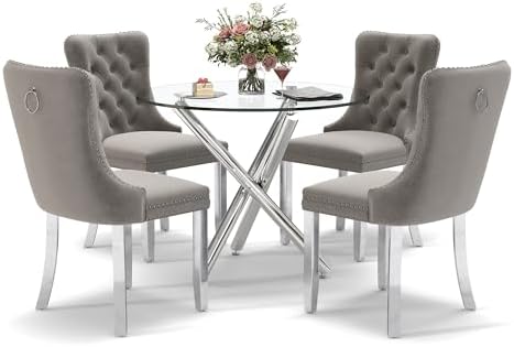 Modern Silver Round Glass Dining Table Set for 4, 36'' Luxury Minimalist Circle Dinette Room Set, 5 PCS Clear Circular Glass Top Kitchen Set, Grey High-end Tufted Chairs, for Small Place