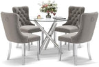 Modern Silver Round Glass Dining Table Set for 4, 36'' Luxury Minimalist Circle Dinette Room Set, 5 PCS Clear Circular Glass Top Kitchen Set, Grey High-end Tufted Chairs, for Small Place