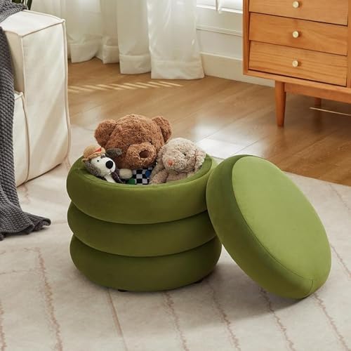 Flouki 19.5" Storage Ottoman Round, Vanity Stools for Bedroom, Velvet Pouf Ottoman with Removable Lid, Modern Ottomam Stool for Girls Women, Foot Stool for Living Room, Green