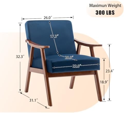 Lispin Mid-Century Modern Chair, Living Room Chair with Solid Wood Frame, Accent Chair Extra-Thick Backrest, Wingback Chair for Bedroom, Reading Room, Living Room (Blue + Velvet + Foam)