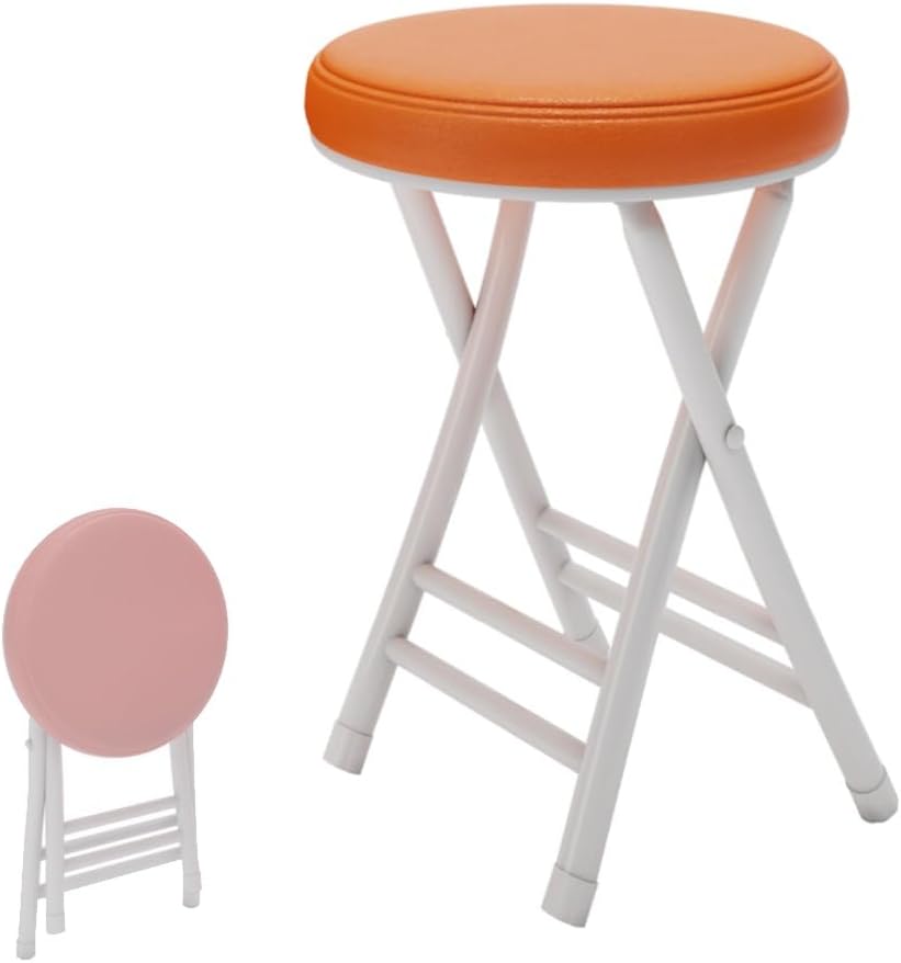 20" Home Folding Stool Collapsible Padded Bar Stool Round Kitchen Stools No Back Portable Breakfast Chairs PU Leather for Kitchen Breakfast Cafe(Orange)