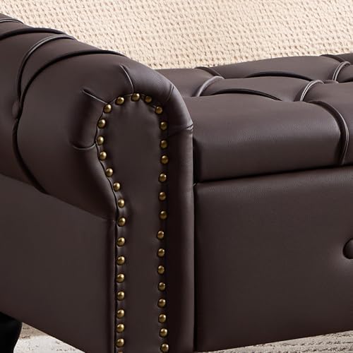 Storage Bench 51" Faux Leather End of Bed Benches Dark Brown | Queen Size Storage Bench for Bedroom with Rolled Arms Tufted Ottoman Benches Upholstered Bench for Living Room Entryway