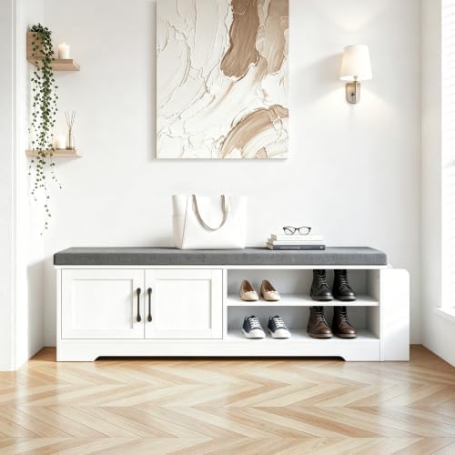 Farmhouse Shoe Storage Bench with 3-in-1 Entryway Storage & Padded Seat | 47.3" Wide Entryway Bench with Adjustable Shelves, Shoe Organizer & Side Storage Rack for Living Room, Bedroom, White