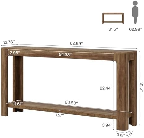 Tribesigns 63 Inch Entryway Console Table, 2-Tier Farmhouse Narrow Sofa Table Behind Couch, Accent Entrance Console Furniture for Entryway, Foyer, Hallway, Rustic Brown