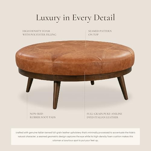 POLY & BARK Gio Ottoman – 30” Round with Feather-Down Topper – Full-Grain Leather Upholstery – Couch Ottoman for Living Room – Vintage Italian Leather in Cognac Tan