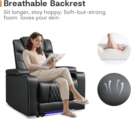 ANJ Power Home Theater Recliner Chair Set of 2, Electric Movie Theater Seating Reclining Chairs with Cup Holders for Living Room, Faux Leather with Blue LED, USB Ports, Hidden Arm Storage (Black)