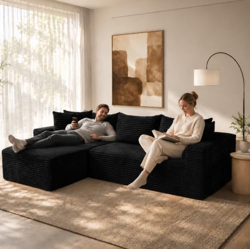 108" Modular Sectional Cloud Couch for Living Room Deep Seat L Shapes Couch with Oversized Chaise Lounge, Comfy Memory Foam Flannel Fabric Sofa for Bedroom Apartment, No Assembly Required