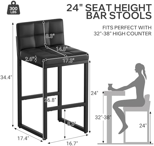 Bar Stools Set of 2, Modern Counter Height Bar Stools, Black | 24" Faux Leather Bar Chairs with Back, Footrest, Sturdy Thickened Metal Leg, Upholstered Counter Stools for Kitchen Island