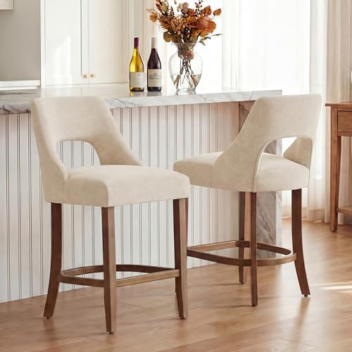 UVV Bar Stools Set of 4, Upholstered Counter Height Bar Stools, Modern Counter Stools with Wood Legs for Kitchen Island Dining Room Bar, Beige