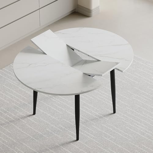 42"-54" Round to Oval Extendable Dining Room Table, White Faux Marble & Wood Grain Top with Black Metal Legs, Modern Round Dining Table for 4–6, Space-Saving Kitchen Table, Easy Assembly