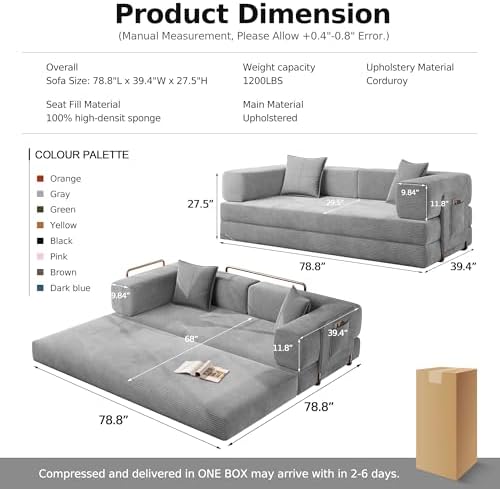 MoonSpeak 78.8'' Futon Sofa Bed, Couches for Living Room | Corduroy Convertible Futon Sofa Bed with Storage Pocket, Modular Sleeper Couch in a Box, No Assembly (Gray)