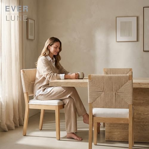 Boho Mid Century Modern Dining Chairs Set of 4, Rattan Dinning Chair with a Square Back, Warm Beige Cane Dining Chair, Linen Upholstered Kitchen and Dining Room Chairs, Sillas para Comedor