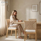 Boho Mid Century Modern Dining Chairs Set of 4, Rattan Dinning Chair with a Square Back, Warm Beige Cane Dining Chair, Linen Upholstered Kitchen and Dining Room Chairs, Sillas para Comedor