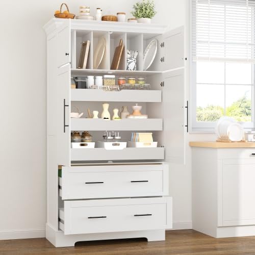 Harper & Bright Designs 72" Tall Farmhouse Kitchen Pantry with 2 Cabinets & 2 Drawers, Modern Storage Cabinet with 3 Pull-Out Trays & 4 Doors, Freestanding Cupboard for Kitchen, Dining Room,White