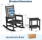 HDPE Rocking Chair Outdoor Set of 2 with Side Table, High Back Rocker | All Weather Resistant & Wood Textured Furniture for Patio Front Porch - Black