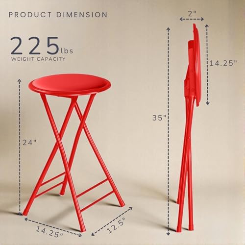 Lavish Home Folding Stool with Padded Backless Seat Set of 4, Red, 24” | Counter Height Bar Stools with 225lb Capacity, Portable Indoor & Outdoor, Extra Seat for Kitchen, Rec Room or Camping