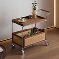 Brown Wood Rolling Side Table - 2-Tier Multi-Functional Utility Cart with Rattan Basket & Handle for Living Room, Bedroom, Home Organization, Modern Decor