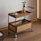 Brown Wood Rolling Side Table - 2-Tier Multi-Functional Utility Cart with Rattan Basket & Handle for Living Room, Bedroom, Home Organization, Modern Decor