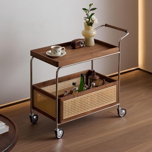 Brown Wood Rolling Side Table - 2-Tier Multi-Functional Utility Cart with Rattan Basket & Handle for Living Room, Bedroom, Home Organization, Modern Decor