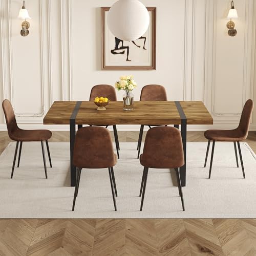7 Piece Dining Table Set，Dinner Table Set for 6，71'' Dark Wood Kitchen Table and Suede Nap Fabic Chairs Set of 6，6 Chair Dining Table Set for Kitchen Dining Room