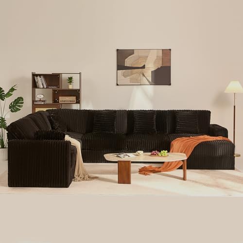 GOSUHI 139" U-Shaped Cloud Couch, Modular Sectional, Deep Seats, Black | Pocket Spring Cushions, Oversized 7-Seater, Right Facing Chaise, Corduroy Upholstery Couches for Living Room