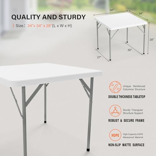 VINGLI White Card Square Table, 34 inch Foldable Legs Full Table Top, Easy to Set up and Store, Folding Portable for Game Puzzles, Gathering, Party, Dining, Indoor, Outdoor, Outside