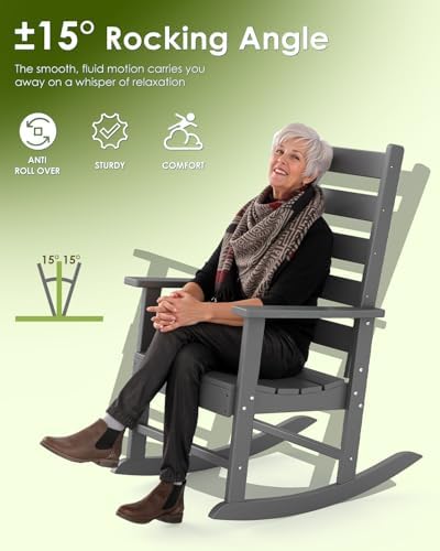 GREENVINES Outdoor Rocking Chairs Set of 2, HDPE Porch Rockers, Grey | Big & Tall | Heavy Duty Patio Rocker Chair | All Weather | Low Maintenance | 350LBS Capacity for Balcony Garden Backyard