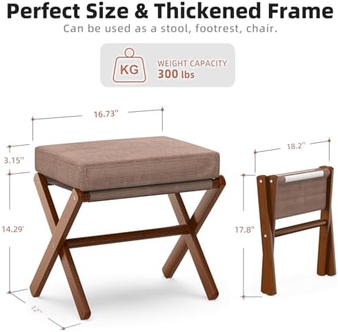 BAMBOOHOMIE Foldable Foot Stool Ottoman, Modern Foot Rest with Bamboo X Legs & Thick Foam Cushion, Folding Foot Stools Small Padded for Bedroom Living Room, Footstool for Chair Couch (Brown - Brown)