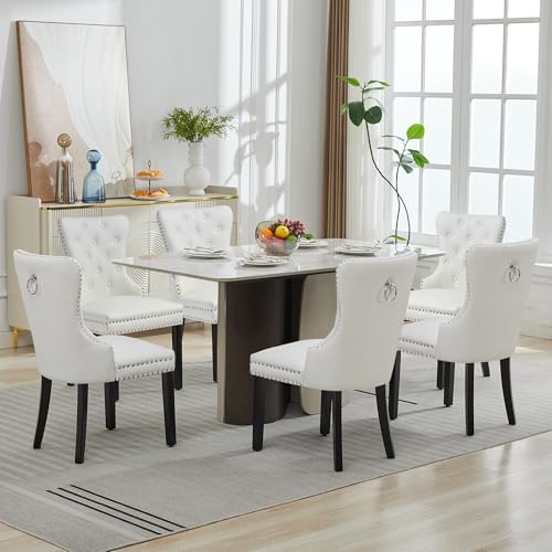 PU Leather Dining Chairs Set of 6, Upholstered Dining Room Chairs with Solid Wood Legs & Back Ring Pull Trim Ring, Modern Dining Chairs Perfect for Dining Room,Living Room,Kitchen, White