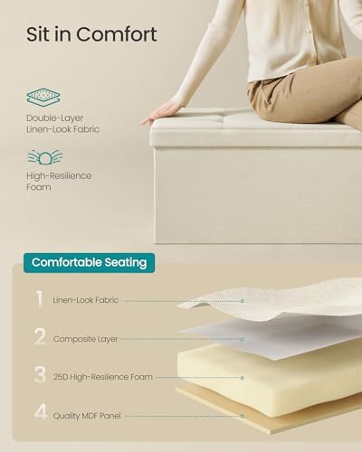 SONGMICS 43.3 Inches Folding Storage Ottoman Bench, Load 660 lb | Ottoman Foot Rest, Storage Chest, for Living Room, Entryway, Cream White and Ink Black, MINOTA Collection ULSF77BE