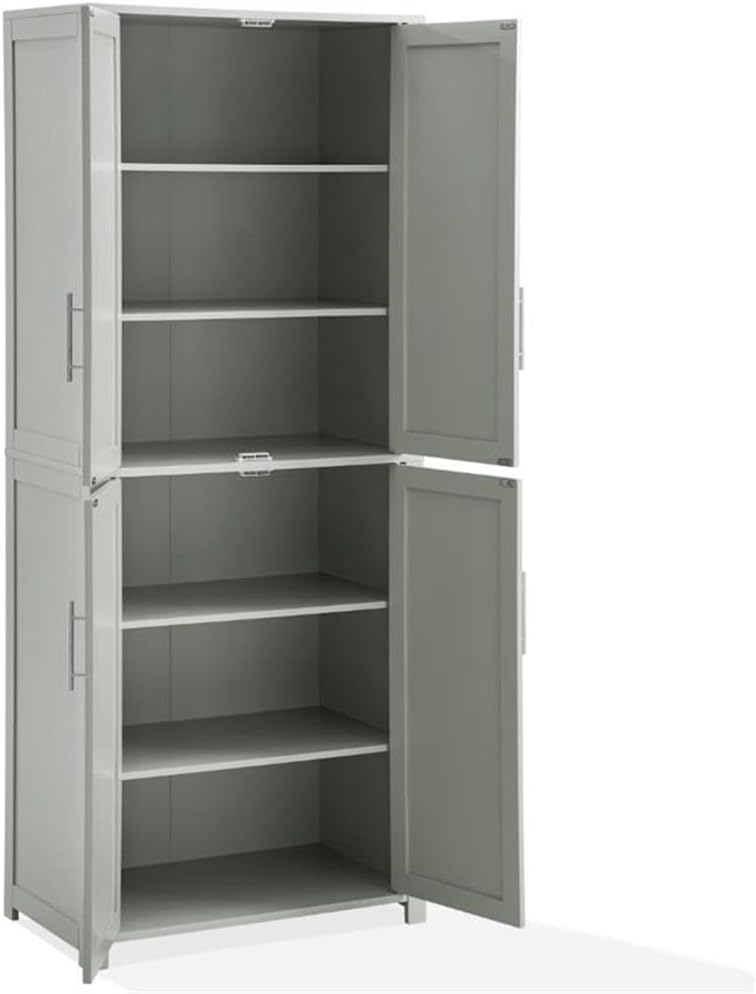Pemberly Row Tall Wood Pantry Cabinet with Adjustable Shelves, MDF and Birch Veneer, Gray and Nickel Finish, Shaker-Style Doors, 67 in H x 28 in W x 15 in D, Kitchen, Bathroom, or Home Organization