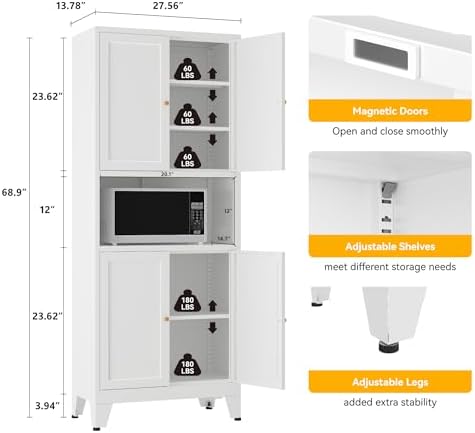 YAUWOH 69" Tall Metal Kitchen Pantry Cabinet with Microwave Shelf, 4 Doors & 3 Adjustable Shelves, Heavy Duty Food Storage Cabinet with Anti-Tip Design for Kitchen,Dining Room (1PC,White)