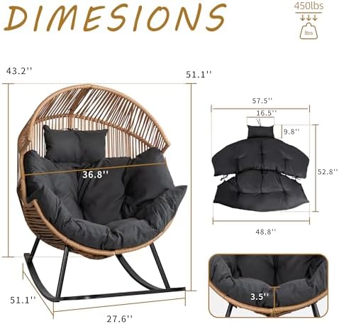 Shintenchi Wicker Egg Chair, Outdoor Indoor Rocking Chair, Large PE Rattan Rocking Chair with Cushion for Patio, Balcony, Backyard, Garden, Deep Grey