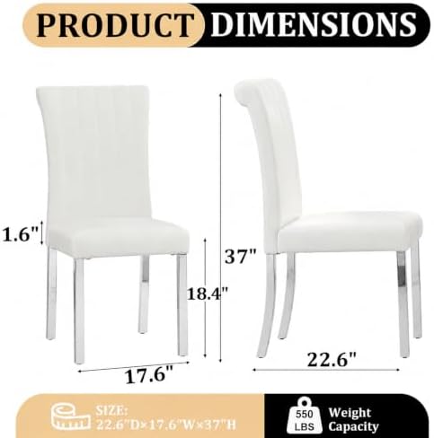 Asday White Leather Dining Chairs Set of 4, White and Silver Dining Room Chairs with Mirrored Chrome Stainless Steel Legs and Rolled Back Design