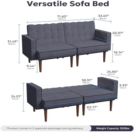 Furnify 71" Velvet Futon Sofa Bed, Versatile Loveseat Couch, Sleeper Sofa with Adjustable Backrest, Mid Century Modern Futon Couch for Small Space, Living Room, Office & Apartment, Velvet Fabric Grey