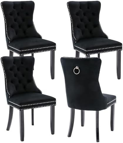 Velvet Upholstered Dining Chairs Set of 4, Modern Mid-Century Kitchen Chairs with High Back, Nailhead Trim and Solid Wood Legs,Metal Pulling Ring for Dining Room Living Room,Black