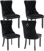 Velvet Upholstered Dining Chairs Set of 4, Modern Mid-Century Kitchen Chairs with High Back, Nailhead Trim and Solid Wood Legs,Metal Pulling Ring for Dining Room Living Room,Black