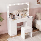 SweetGO 46" LED Lighted Makeup Vanity Desk, 7 Smooth-Glide Drawers, USB & AC Charging Station, Adjustable 3 Light Modes, Cushioned Stool Included, White