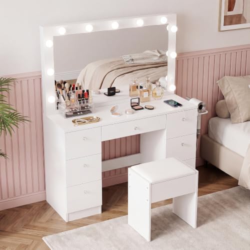 SweetGO 46" LED Lighted Makeup Vanity Desk, 7 Smooth-Glide Drawers, USB & AC Charging Station, Adjustable 3 Light Modes, Cushioned Stool Included, White