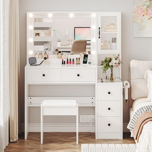 35.4” Makeup Vanity Desk with Charging Station, White Makeup Dressing Table with Mirror & Lights, 3 Lighting Modes Adjustable Brightness, Vanity Table with Power Outlet & 5 Drawers Round Handle