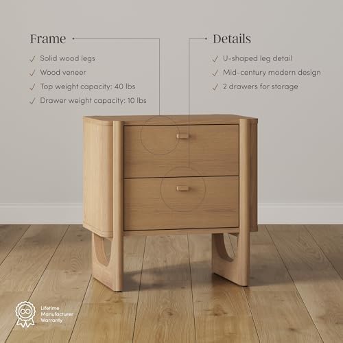 Nathan James Solace Mid Century Modern 2 Drawer Nightstand with Solid Wood Frame and Rounded Details, Raw Oak Set of 2