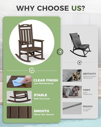 Outdoor Rocking Chair, HDPE Patio Rocking Chair, All Weather,Brown | Relax in Gentle Rock,Create Comfort Everywhere,Enjoy Your Me Time,Withstand Changing Seasons,Wood Look with Low Maintenance