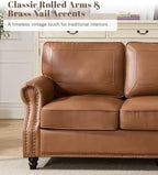 Kingfun Mid-Century Modern Couch, Faux Leather Sofa, 3 Seater Couch for Living Room with Rolled arms & Nailhead Trim, Brown