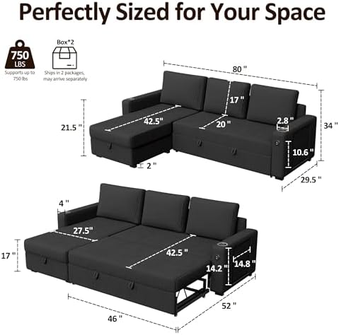 Ball & Cast 80" Sectional Sleeper Sofa Bed Pull Out Couches for Living Room | L Shaped Convertible Pull Out Sofa Bed with Storage Chaise, LED Lights, Foldable Table, USB Ports, Cup Holder and Side Pocket