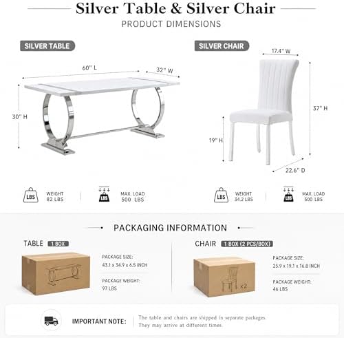 Asday 7 Piece Dining Table Set, Luxury White and Silver Dining Room Table Set with 60 inch Rectangular Dining Table and 6 White Leather Dining Chairs