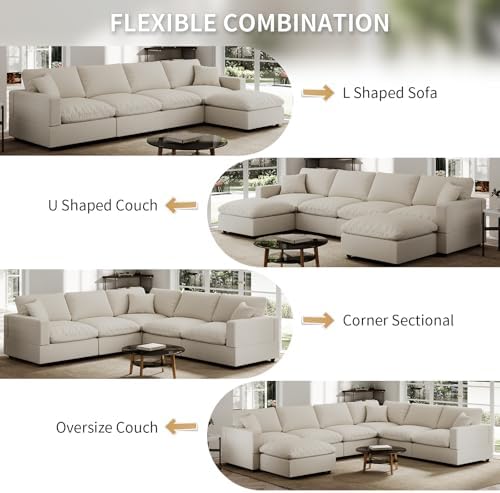 Modern Sectional Linen Couch for Living Room L-Shape Sofas,4 Seat Modular Cloud Sofas,Detachable Couch Cushion Covers,Cozy Feather Down Sofa for Apartment Khaki
