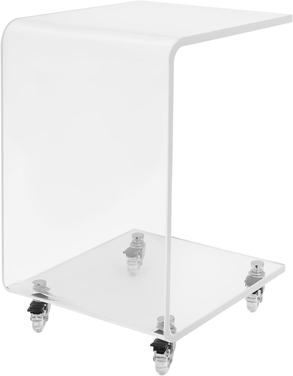 Modern Acrylic Side Table, C-Shaped Sofa Table Nightstand with Storage and Lockable Wheels, Acrylic Sofa Side Table Snack Table On Wheels for Living Room, Bedroom, Office, Bedside, Couch