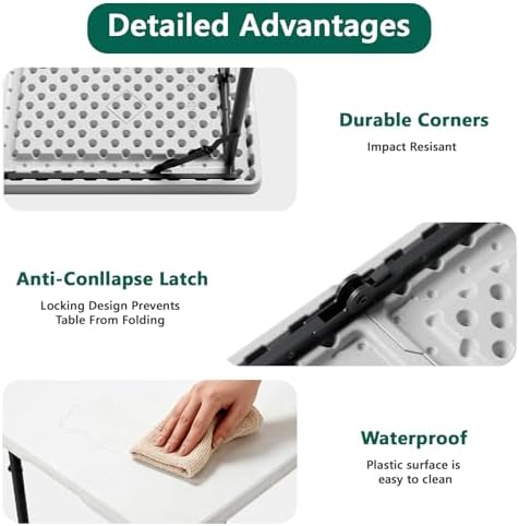 Folding Table 1 Pack, 4FT Folding Table with Adjustable Height, Heavy Duty Plastic Foldable Table Portable, Steel Legs Supports to 300lbs, Suitable for Party, Camping, Events Indoor&Outdoor Use, White