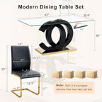 63" Glass Dining Table Set for 4, Modern Dining Table Set for 4, Tempered Glass Tabletop with Black OC-Shaped Legs and Gold Base, Black Gold Kitchen Table Set with 4 Cantilever Upholstered Chairs